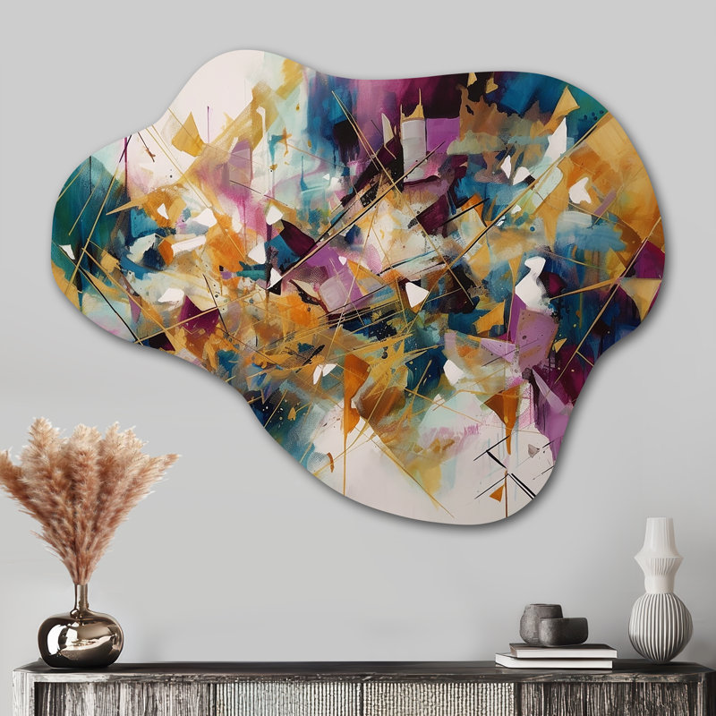 «Golden Explosion Triangles I», art mural abstrait géométrique en métal, sculpture murale en métal nuage