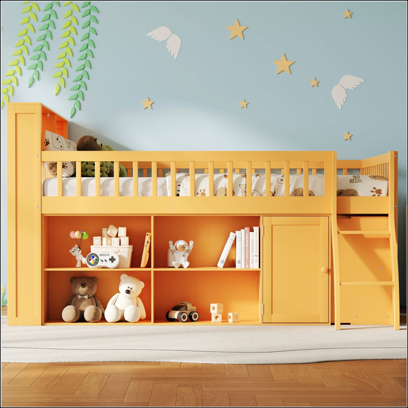 Grand lit mezzanine avec rangement, tête de lit à DEL et finition naturelle pour les chambres d'enfants modernes