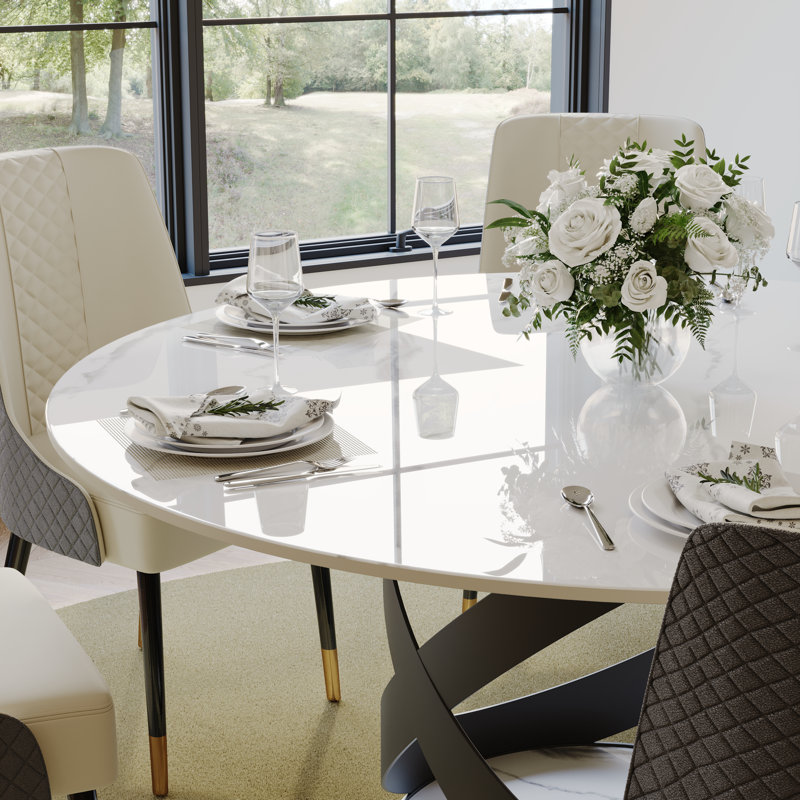 Table de salle à manger Maxwell, Blanc lustré, Noir, H 29,53 po x L 51,18 po x l 51,18 po