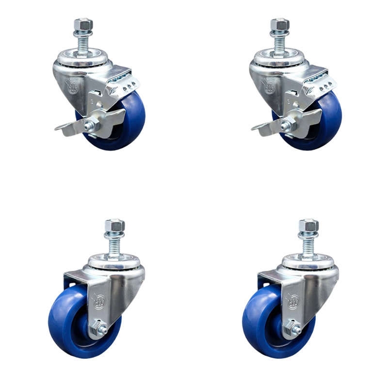 3.5 Inch_Solid Polyurethane Wheel Swivel ½ Inch Threaded Stem Caster Set 2 Brake