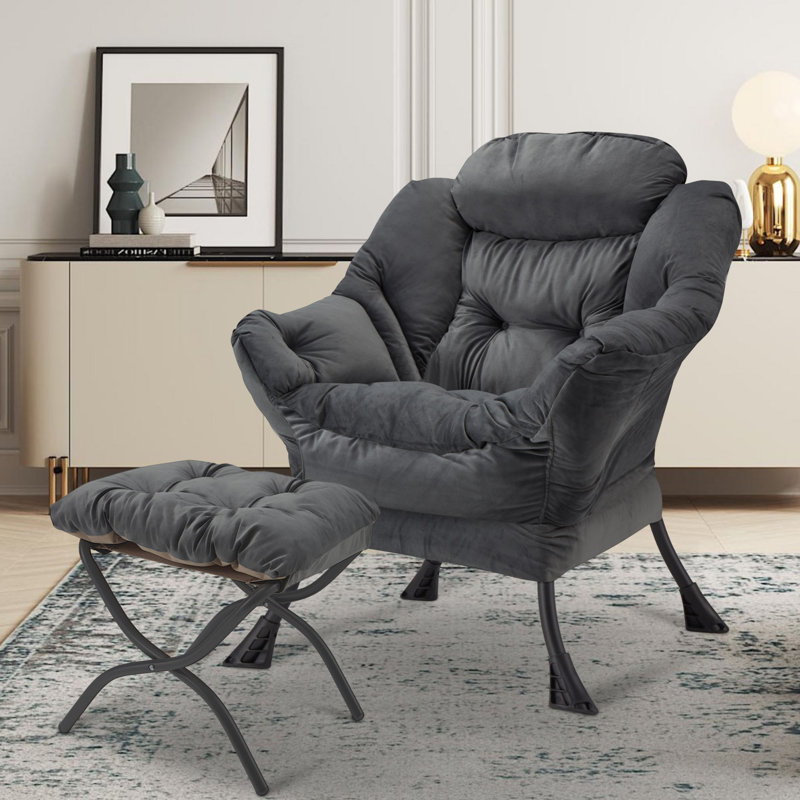 Lazy Chair With Folding Ottoman,Thick Padded Modern Accent Armchair,Upholstered Leisure Sofa Chair With Armrest,Reading Chair With Footstool For Bedroom,Living Room