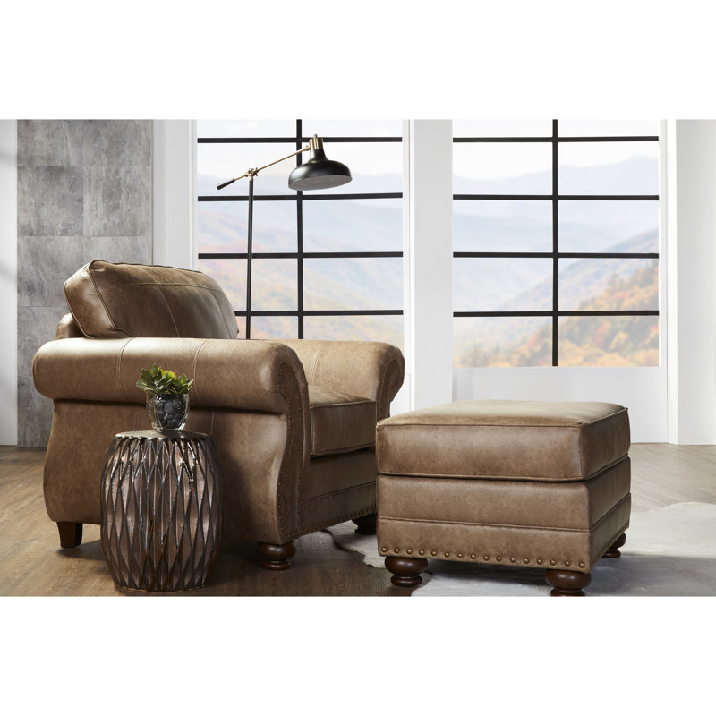 Faux Leather In Brown Color - Antique Bronze Nailheads, Wood Bun Feet, Rectangular Solid Pattern, Backless, American Traditional Style With Accent Medium Ginger Brown, Legs, Fashion