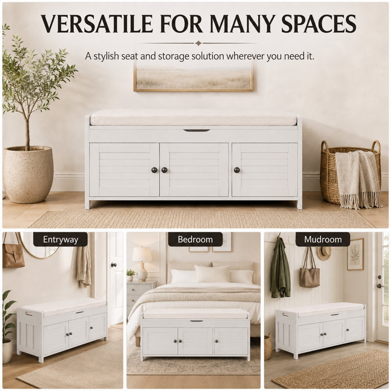 Linen Blend Upholstered Storage Bench, Gray Wash