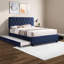 Grand lit gigogne multifonctionnel bleu avec deux tiroirs de rangement, revêtement en velours doux, fabrication en bois massif, aucun sommier et rangement requis, cadre, support à lattes, nécessaire, peu encombrant