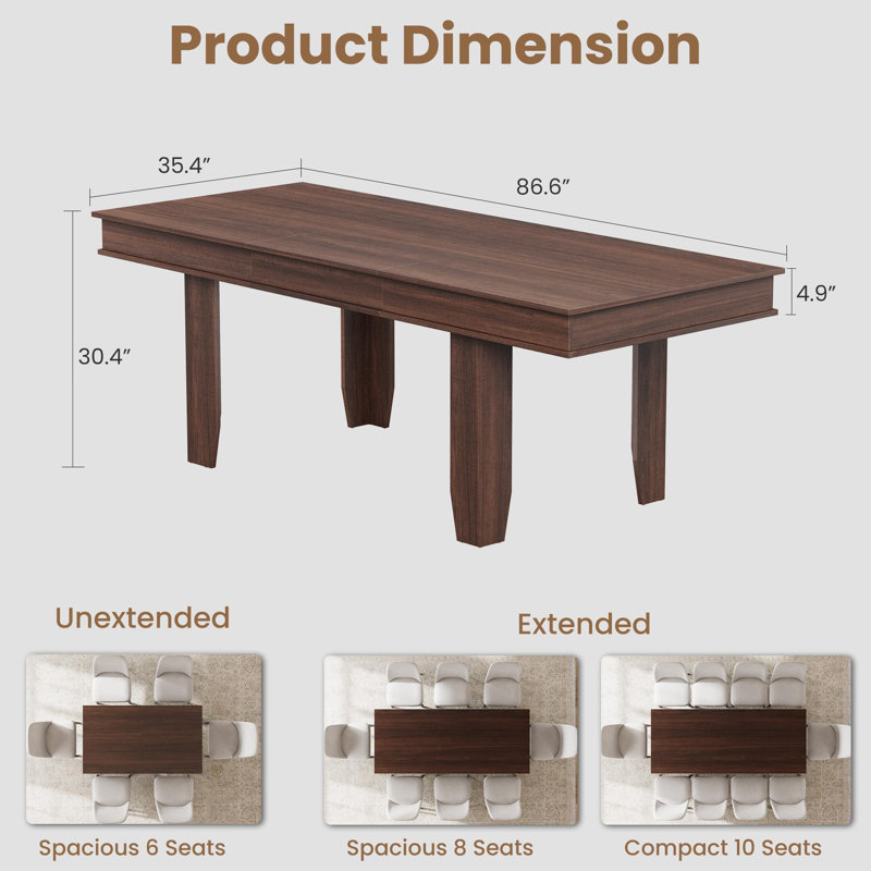 Table de salle à manger extensible pour 6-10, tables de cuisine de ferme avec cadre en bois robuste, Brun