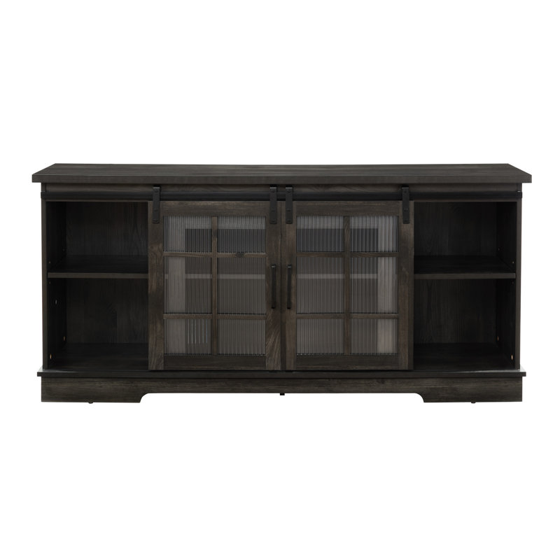 Meuble télé gris anthracite avec portes coulissantes et espace de rangement suffisant pour un support de 65 pouces, portes en verre cannelé.