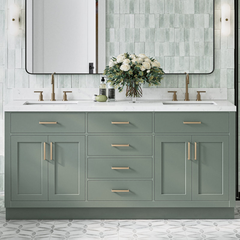 Ariel Hepburn 72 In. Double Sink Base Cabinet, Vintage Green, Satin Brass