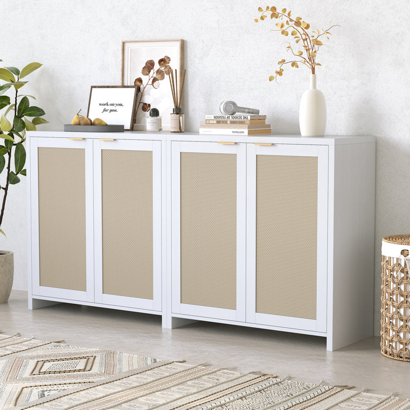 62" W Rattan Sideboard - Traditional Style With Modern Storage (Set Of 2), White