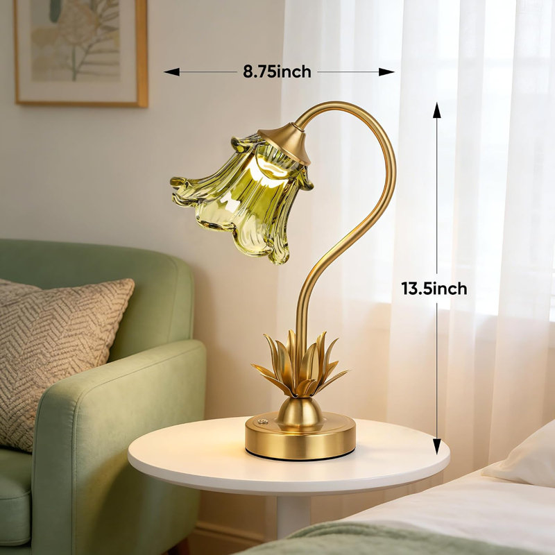 Lampe de table à fleurs 13,5 po avec abat-jour en verre vert pour table de chevet, patio, camping