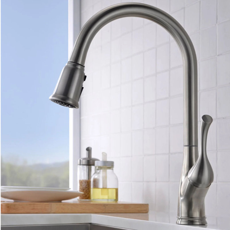Robinet de cuisine à poignée simple rétractable, Nickel brossé