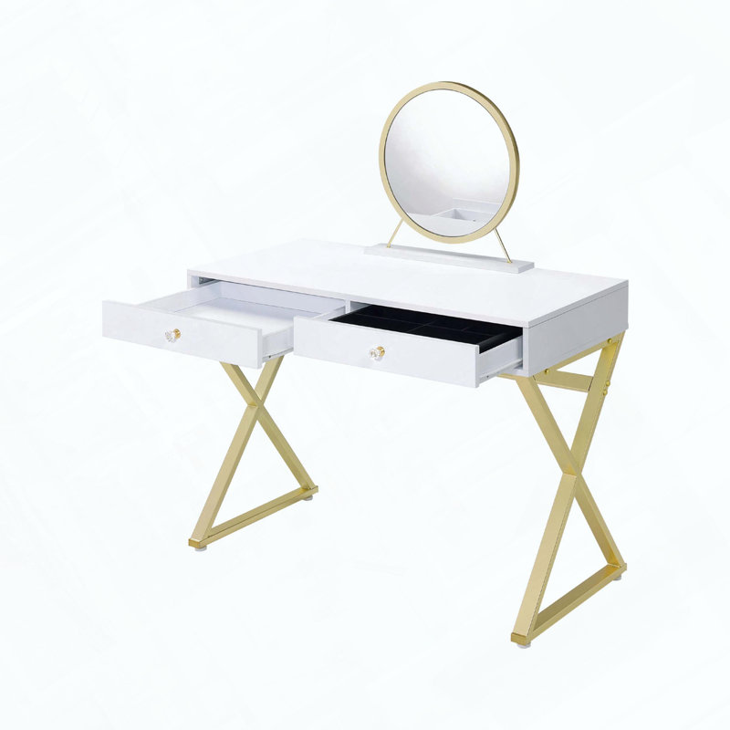 Bureau de coiffeuse rectangulaire avec miroir et plateau à bijoux, blanc et doré