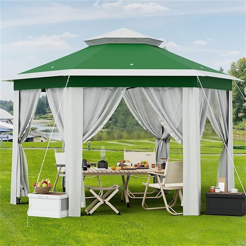 13' X 13' Pop Up Gazebo Hexagonal Outdoor Canopy Shelter Instant Patio Gazebo Tent With Mesh Netting, Green
