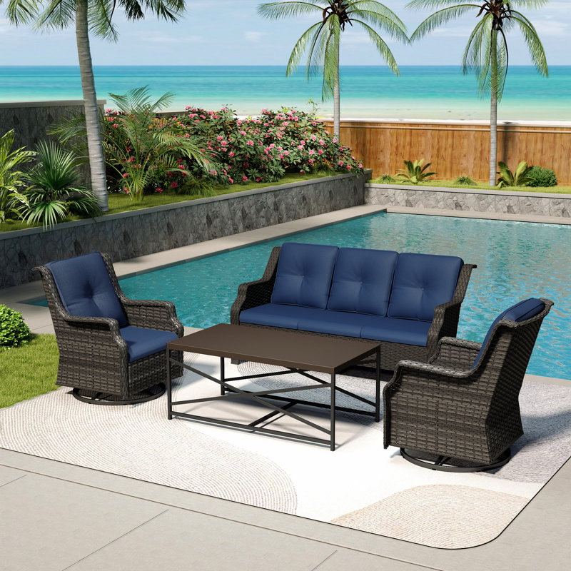 5-Person PE Wicker Outdoor Patio Set with Sofa,Swivel Chairs,Coffee Table & Blue Cushion, Blue