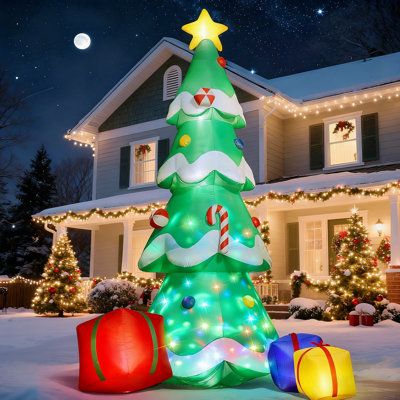 Arbre de Noël gonflable géant de 14 pi pour la cour et la pelouse - gonflage rapide à double soufflage avec 6 DEL blanches brillantes et lumière disco rotative, décoration de Noël extérieure résistante aux intempéries avec sacs de sable et piquets