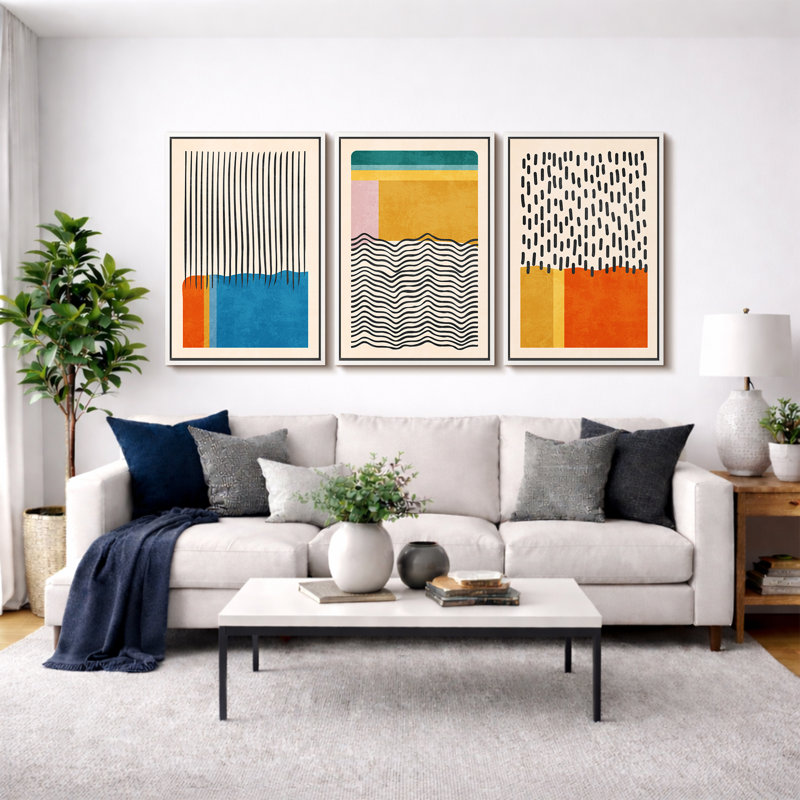 Abstract Vibrant Color Blocks "Mid-century Modern Colorful Blocks Artwork, Multicolor Geometric Wall Pictures, Large Framed Canvas Giclee Print 3 Pieces Wall Art Set"