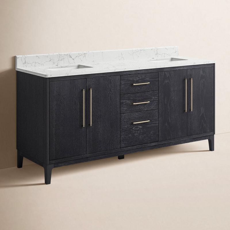 Meuble-lavabo double autoportant avec plateau Langosta 72, Bois de sapin / noir