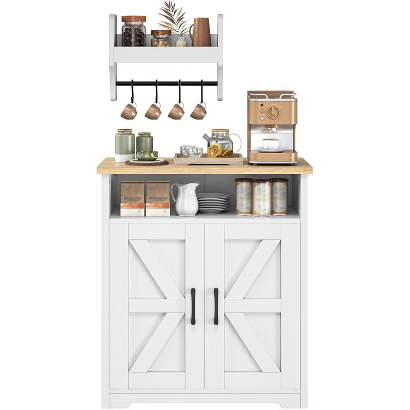 Armoire-bar Farmhouse - Îlot de cuisine avec rangement, buffet avec tablette flottante et crochets pour la cuisine ou le salon, blanc et naturel