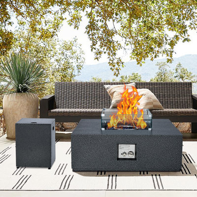 Ensemble 2 pièces de table de foyer d'extérieur au propane avec table de réservoir, table de foyer carrée au gaz de 36 po avec table d'appoint de réservoir de 16 po, table de foyer au gaz de 50000 BTU avec couvercle amovible, pare-vent, pierres en verre bleu, housse de pluie