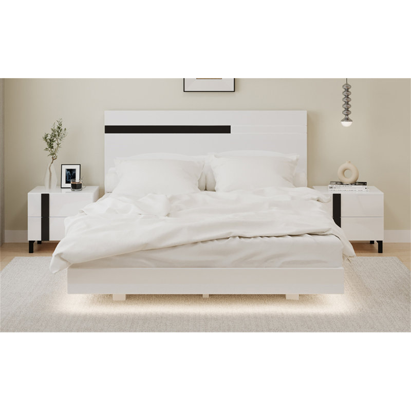 Modern High Gloss 3-Piece Bedroom Set Floating Bed Frame Queen Size Platform Bed With LED Light & 2 Nightstands