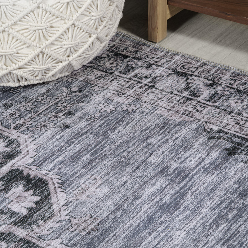 Haruyoshi Chenille Cottage Medallion Machine-Washable Navy/Gray/Black Rug, Runner 2' x 8'