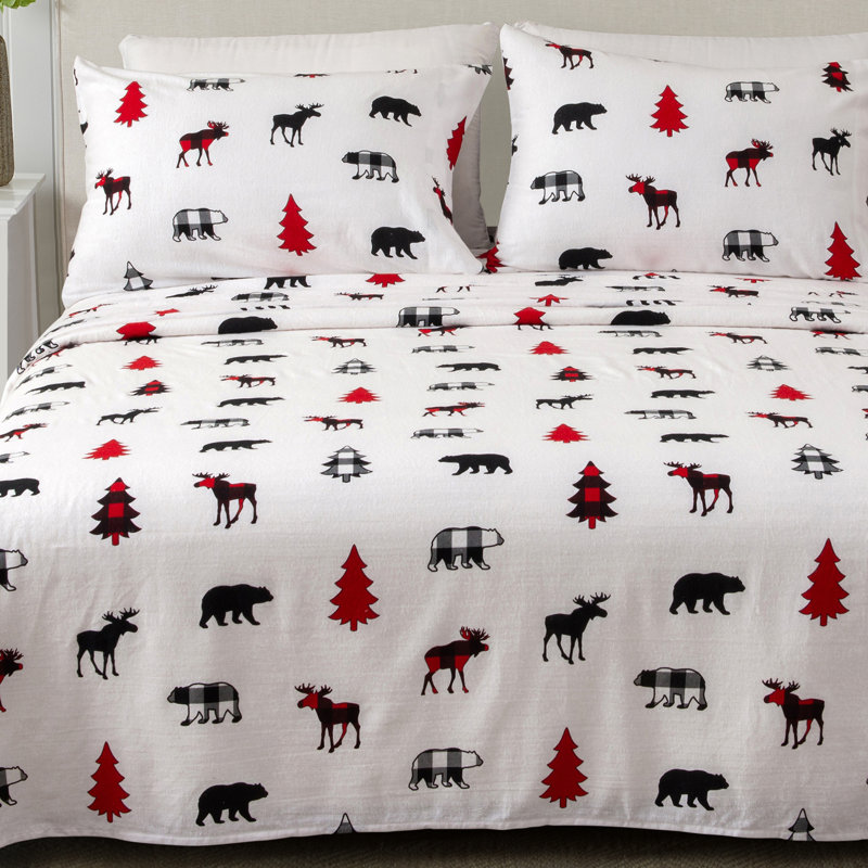Winter Trees Red and Gray Cotton Flannel King Sheet Set