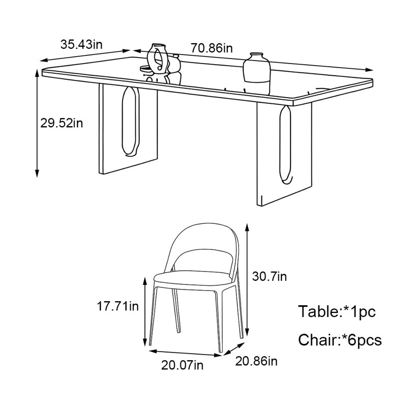 Ash wood solid wood rock plate dining table set, 29.52"H x 70.86"L x 35.43"W