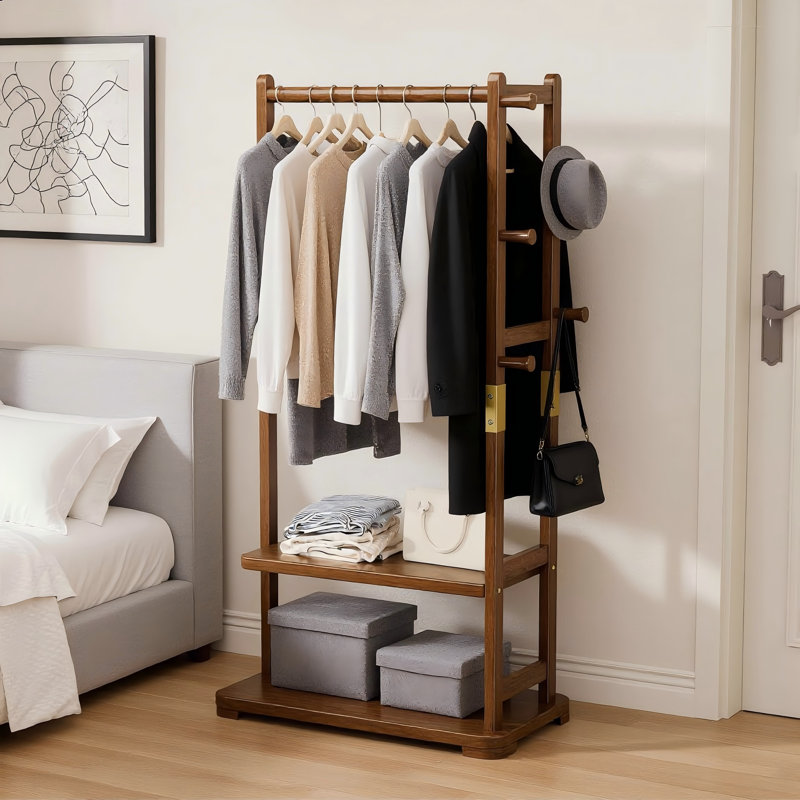Portemanteau sur pied robuste en bois massif, cloison de rangement double couche + quatre crochets, rangement pour vêtements, chapeaux et sacs, convient aux couloirs et aux chambres à coucher