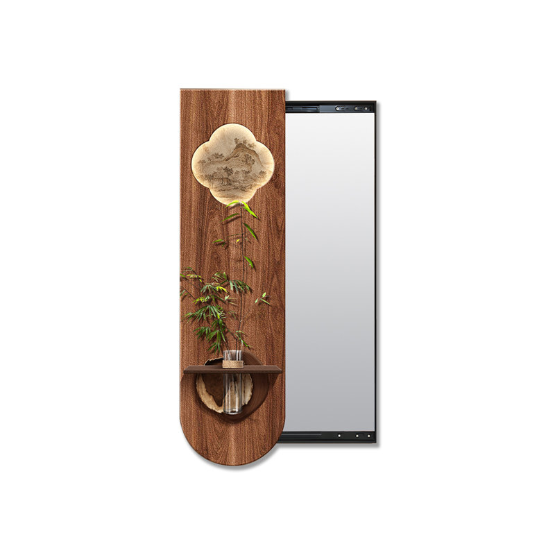 Miroir coulissant pleine grandeur avec art paysager et tablette, miroir mural caché 2 en 1 avec panneau en bois mobile pour le vestibule, chambre à coucher