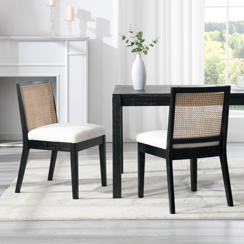 Arnkell Side Chair Dining Chairs Modern Solid Wood Dining Chair with Rattan Backrest, Sherpa White, Black
