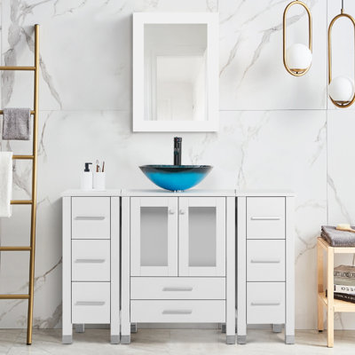 Ghazanfar 48“ Single Bathroom Vanity with Wood Top, Vessel Sink, Zinc Alloy Faucet, Solid Wood Legs