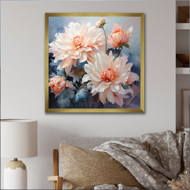 " Peach Chrysanthemums Romantic Impression I ", Gold Picture Framed, 30" H x 30" W x 1" D