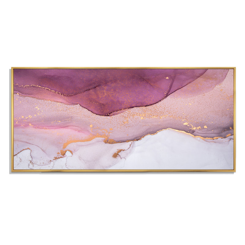 Rose et ondulations de marbre doré - impression sur toile, Cadre doré, H 28 po x l 60 po x P 1,5 po