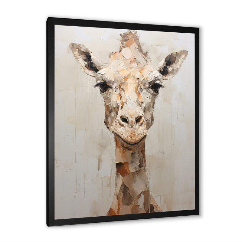 Minimalisme, girafe beige sur toile, H 32 po x l 16 po x P 1 po, Cadre simple noir