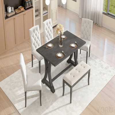 6-Piece Farmhouse Dining Table Set, Rectangular Trestle Table And 4 Upholstered Chairs & Bench For Dining Room (Antique Gray)