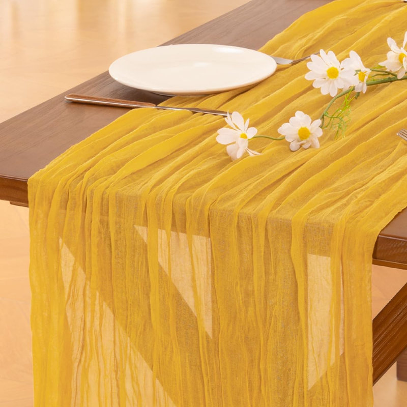 Chemin de table en gaze de style champêtre, style bohème, idéal pour un mariage, un anniversaire ou une fête d'été | Lot de 3 pièces, gaze rustique dorée et jaune de 3 m, chemin de table transparent de style ferme pour fête prénatale, enterrement de vie de jeune fille et fêtes.