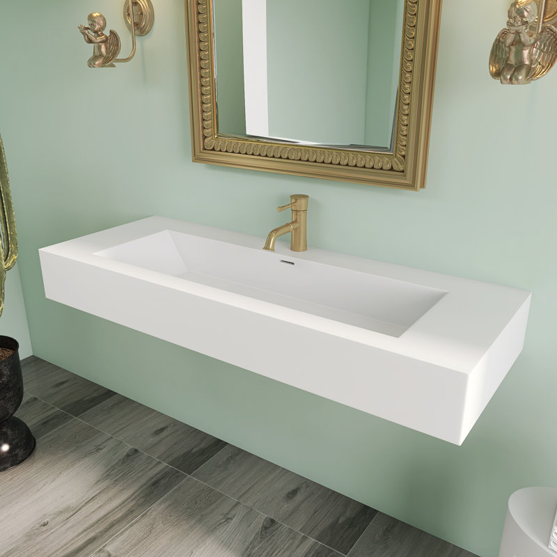  48 po x 18 po Lavabo vasque de salle de bain mural ou à surface solide avec trous de robinet simples en blanc mat