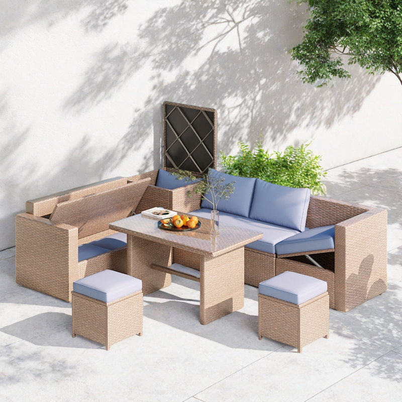 6-piece All Weather Pe Rattan Sofa Set With Adjustable Seat, Storage Box, Removable Covers And Tempered Glass Top Table