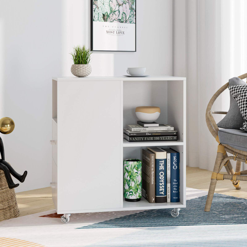 Living Room End Table with Wheels and Drawers Set, White