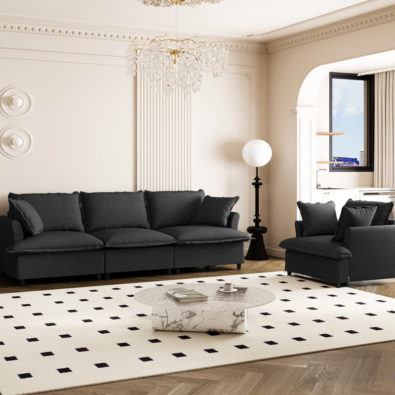 Salon avec tissu en chenille, 3 places et fauteuil, 2 pièces, coussins décoratifs, conception modulaire pour différentes pièces, mobilier doux et confortable