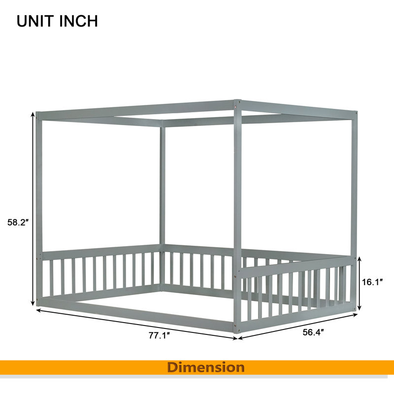 Lit double en bois d'hévéa avec clôture et garde-corps, Gris