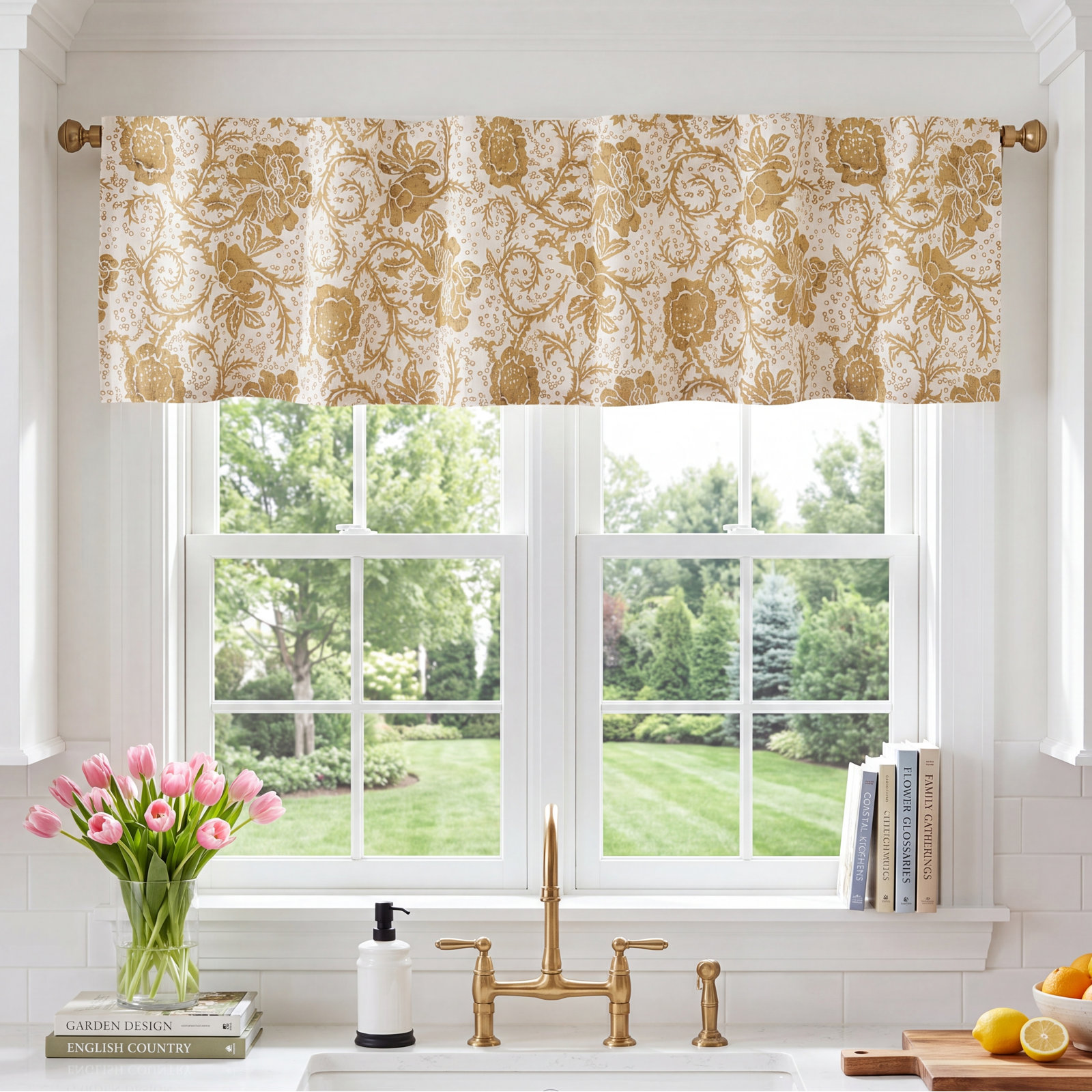 Gold Floral Window Valance, 16" H x 60" W