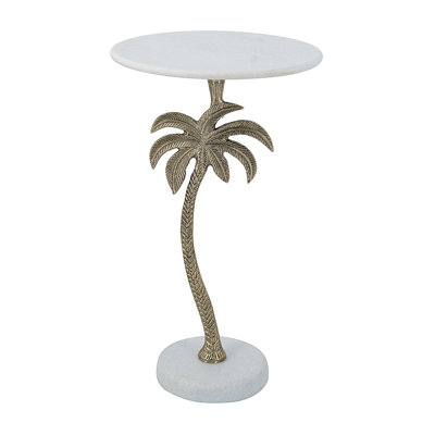 Table d'appoint ronde 14 po x 14 po x 24 po avec plateau en marbre blanc et palmier doré