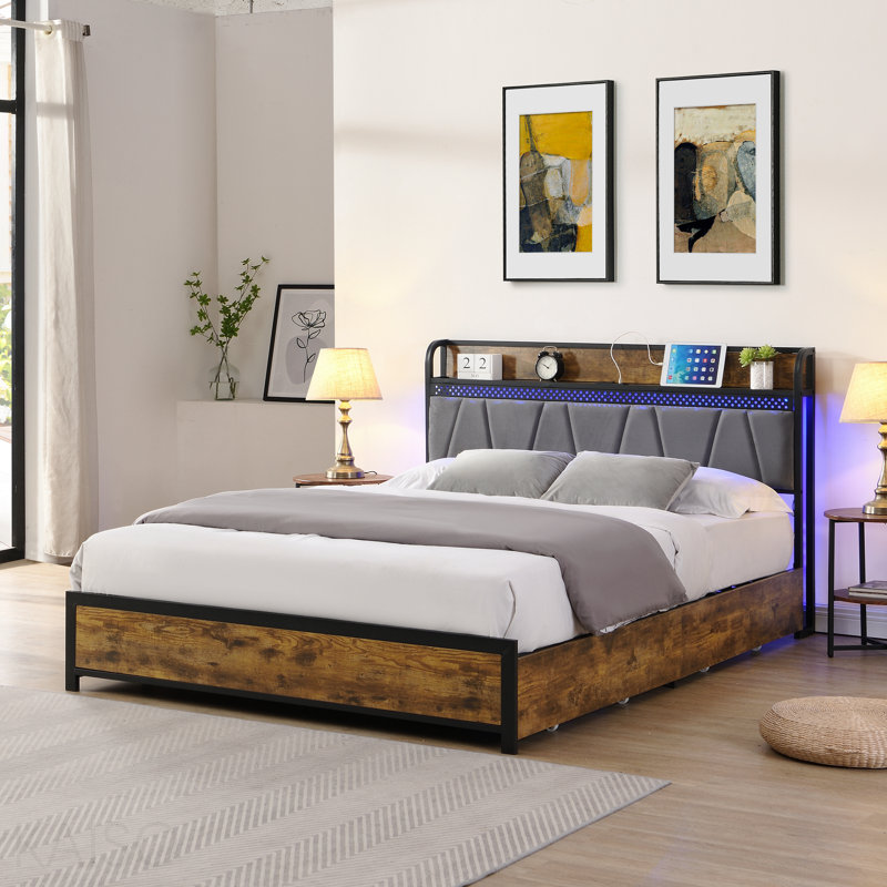 Queen Size Bed Frame, Storage Headboard With Charging Station And 4 Storage Drawers,Led Lights , Brown And Gray, Queen
