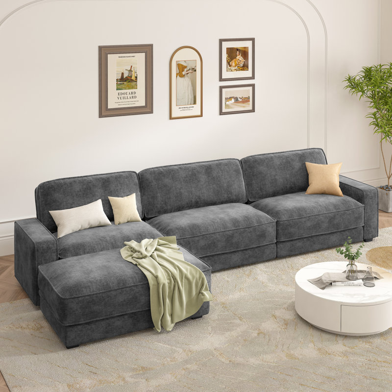 119.4" Chenille 3-Seat L-Shaped Modular Sofa, Removable & Washable Cover, 72H Compression Recovery,Soft & Skin-Friendly Upholstery - For Living Room, Office, Hotel Lobby, Apartment, And Villa