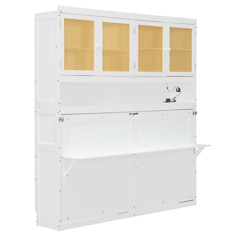 Lit escamotable peu encombrant avec armoire supérieure, éclairage à DEL intégré, ports de charge USB et conception grand format pliable pour les pièces multifonctionnelles.