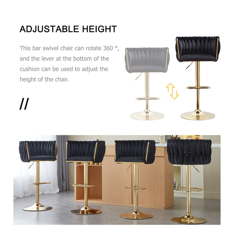 Swivel Adjustable Height Bar Stool Modern Velvet Bar Stool with Metal Frame, Black