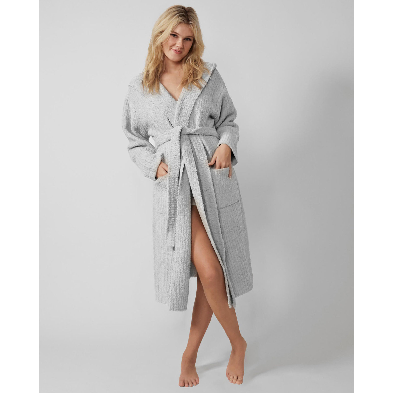 Ribbed Hooded Robe, Cloud Gray, XL