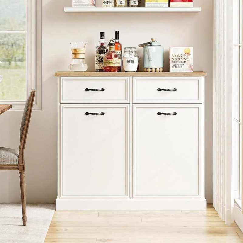 Armoire à ordures à double basculement double, rangement pour poubelle cachée à l'épreuve des animaux de compagnie de 20 gallons, organisateur autoportant moderne en bois blanc pour la cuisine et la lessive