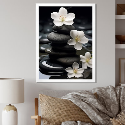 Zen Serenity White Flowers Black Stone Cairn