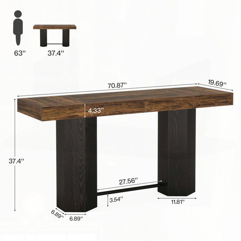 Table de bar avec plateau en grain de bois et base hexagonale (71 po, 4 à 6 places)